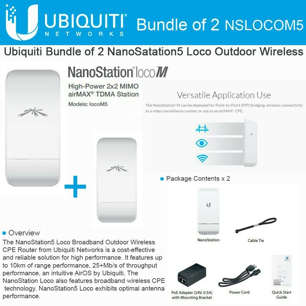 Ubiquiti LocoM5 X 2 Units Bridge Kit Complete Pre-Configured Nanostation Loco M5